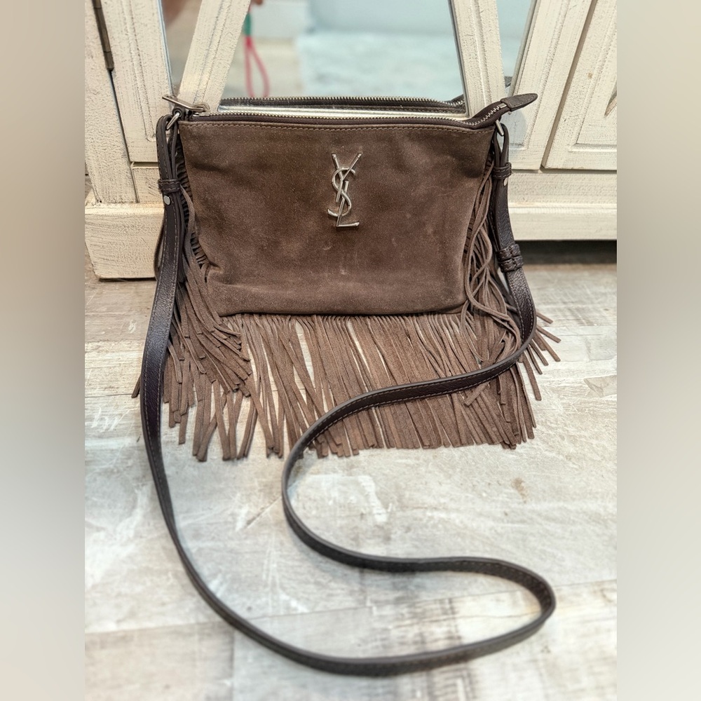 Taupe suede YSL Saint Laurent fringe crossbody bag rare
